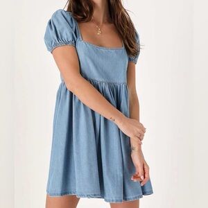 Surely Sweet Blue Chambray Puff Sleeve Tie-Back Babydoll Dress